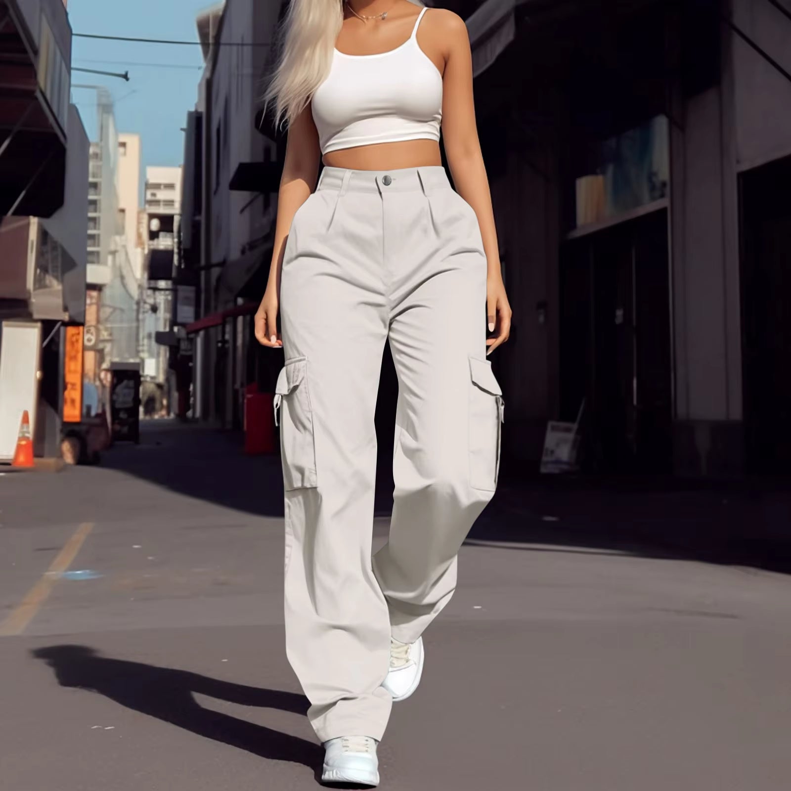 2024 Trendy Women Wide Leg Cargo Pants Street Vibes Flap Pockets Drawstring Ruched High Waist Parachute Women Pants